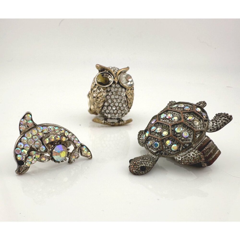 Vintage Costume Jewelry  Owl, Dolphin and Turtle Rhinestone Animal Rings